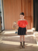 史豌豆童装女童短袖T恤2024夏季洋气儿童红色镂花一字肩上衣