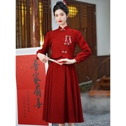新中式旗袍敬酒服新娘红色两件套秋冬长袖回门连衣裙套装订婚礼服