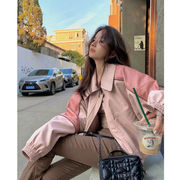 欧货短款粉色pu皮衣外套，女美式拼接机车，夹克2023年高级感