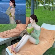 泳衣女绿色针织破洞比基尼三件套长袖防晒罩衫小胸大露背温泉