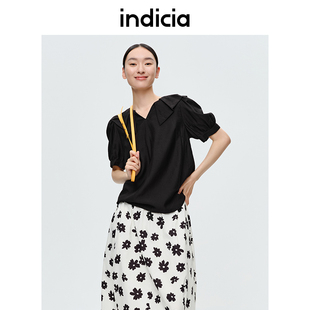 indicia冰丝短袖衬衫，黑色上衣夏季商场同款标记女装5b306sy181