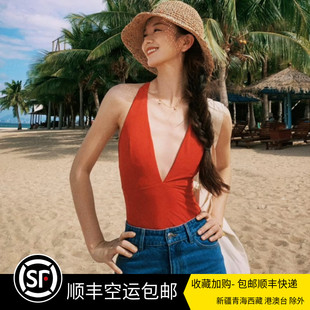 ins复古连体港风性感红色辣妹深V领泳衣女显瘦遮肚泡温泉度假泳装