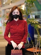 新中式女装红色国风立领，衬衫2024春季植绒蕾丝，长袖打底衫上衣