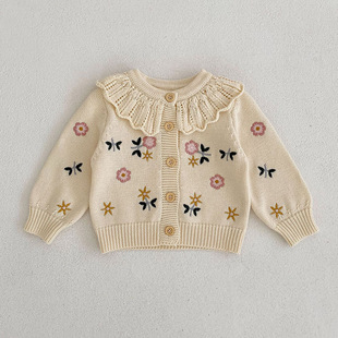 婴儿针织开衫春季女宝宝花朵绣花荷叶领针织长袖外套上衣小童毛衣