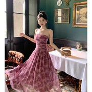 法式印花抹胸连衣裙女夏露背粉色碎花茶歇复古紫色高级感气质长裙