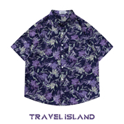 TRAVEL ISLAND 星光点点 清幽紫色花朵涂鸦满印夏威夷风短袖衬衫