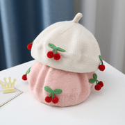 婴儿秋冬帽子女童蓓蕾，帽毛线针织可爱樱桃，单层贝雷帽女宝宝潮韩版