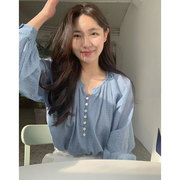 韩国chic春季复古慵懒风圆领小排扣撞色格纹宽松长袖，衬衫上衣女
