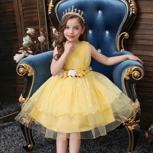 儿童礼服公主裙女童走秀演出服黄色碎花，连衣裙超仙无袖公主裙
