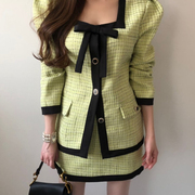 韩国chic小香风方领蝴蝶结单排扣长袖，外套+高腰格纹半身裙套装女
