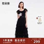 歌莉娅高级感法式显瘦黑色连衣裙夏气质(夏气质，)装压褶蛋糕裙子1b5r4k150