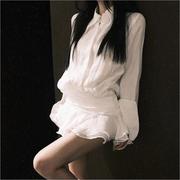 白色衬衫连衣裙女秋冬性感浪漫V领气质修身显瘦荷叶边短裙子