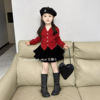 韩版女童2024秋冬圣诞新年红色，针织开衫上衣女宝宝丝绒裙套装