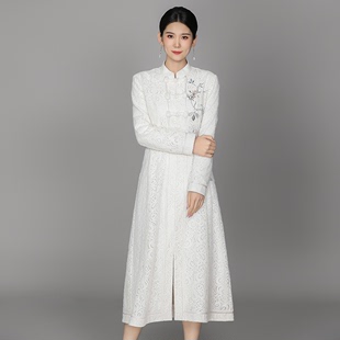 2023中国风复古设计感气质优雅女绣花长袖立领显瘦蕾丝连衣裙