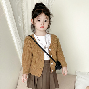 女童针织衫春秋2024韩版儿童，纯色韩系毛衣外套，女宝宝长袖上衣