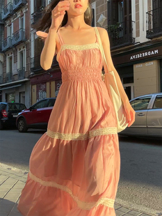 七月伊萨尔 原创自制vintage 氛围感长裙藕粉蕾丝小众设计吊带裙