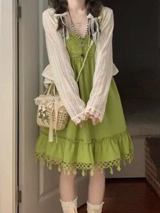 波西米亚风绿色流苏吊带连衣裙女2024夏季设计感多巴胺森系裙