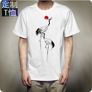 夏季2020中国风复古民族风印花仙鹤图案短袖T恤男定制情侣装