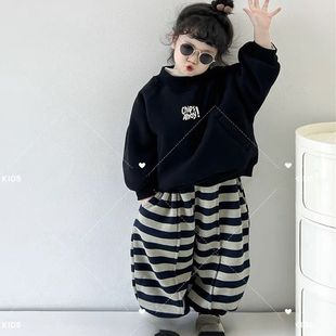 儿童加绒加厚套装2023秋冬韩版时尚男女童卫衣卫裤条纹两件套