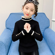 女童毛衣套头打底衫秋冬韩版厚款儿童黑色，半高领一体绒针织衫