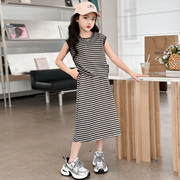 女童夏季条纹半身裙套装2024儿童韩版洋气无袖上衣大童短裙两件套