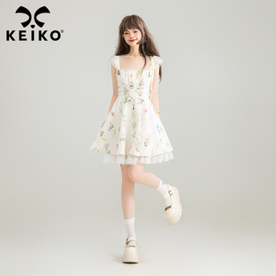 KEIKO 绿植系小碎花小飞袖连衣裙夏季独特漂亮绑带掐腰吊带公主裙