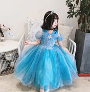 虎妈家六一公主礼服裙，冰雪奇缘连衣裙生日礼物，网纱水钻蓝色礼服裙
