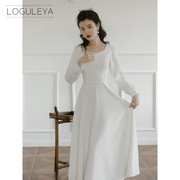 loguleya优雅成人礼礼服长裙，婚礼长袖连衣裙，女白色高腰聚会方领