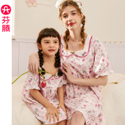 芬腾纯棉睡裙女夏季短袖娃娃领亲子母女中大童装可外穿家居服睡衣