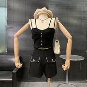 套装时尚小香风秋季短款纯色吊带上衣搭黑色休闲短裤  G#23