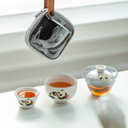 小熊猫玻璃旅行茶具快客杯户外旅游随身便携一壶两杯陶瓷茶具套装