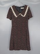 vintage古着90年代黑底红色，圆点小碎花蕾丝，领短袖中长连衣裙