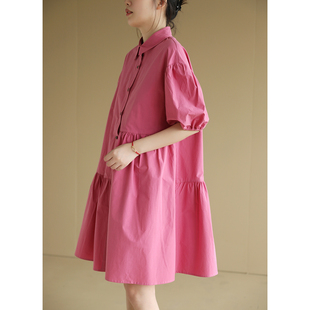 天然出品粉色衬衫翻领短袖，连衣裙女夏宽松拼接褶皱纯色中裙qa5538