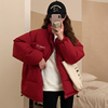 韩版oversize棉衣外套短款红色羽绒棉服2023冬季小个子立领面包服