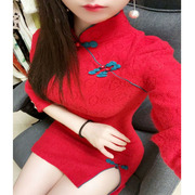 清货不退不换红色旗袍连衣裙蕾丝改良平时可穿修身小个子显高短款