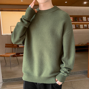 绿色圆领毛衣，男秋冬季潮牌宽松毛线，衣服加厚青少年打底针织衫