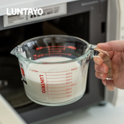 日本Luntayo牛奶杯微波炉可加热玻璃量杯带刻度耐高温儿童早餐杯