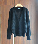 韩国vintage黑色保暖马海毛开衫毛衣外套女v领宽松外搭上衣羊毛衫