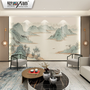 新中式水墨意境山水墙布客厅沙发，背景墙壁纸卧室书房茶室壁画墙纸