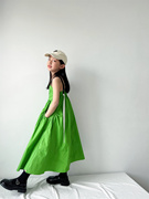 女童裙子夏天洋气长裙，中大童时髦绿色气质，度假吊带连衣裙过膝棉质
