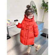 定制女童中长款红色羽绒服冬季2023儿童女宝宝洋气白鸭绒外套
