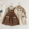 2023韩版春秋款童装，两件套连衣裙森系女童打底衫，刺绣灯芯绒背心裙