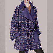 秋冬时尚休闲格子风衣外套，女2023年宽松紫色印花大衣