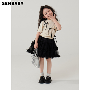 senbaby女童短袖t恤儿童夏装套装，裙女孩蝴蝶结针织上衣+黑纱半裙