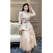 新中式国潮手工刺绣中袖西装女2023年春夏设计感收腰套装裙