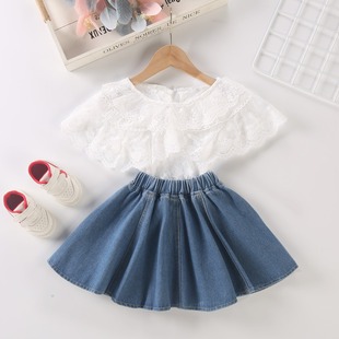 女童夏季蕾丝衬衫儿童薄款短袖t桖宝宝白色，上衣蓝色牛仔短裙套装