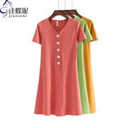 夏季纯棉修身显瘦v领中长款短袖女装韩版t恤网红同款扣连衣裙