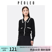 飘蕾小香风针织开衫女2023冬季气质设计感POLO领灯笼袖毛衫