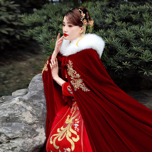 新娘秀禾服披风红色中式婚礼，毛披肩(毛披肩，)斗篷冬季加厚保暖毛领披风