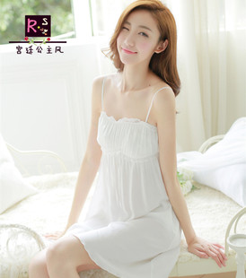 韩版吊带睡裙白色棉一字领性感，抹胸甜美公主短裙薄款睡衣纱布可爱
